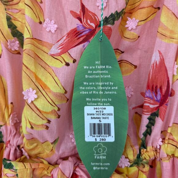 Farm Rio Midi Dress Banana Taste Off The Shoulder Pink Yellow nwt Size Small S - Picture 6 of 9